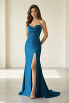Liorenna | Peacock - Strapless Mermaid Satin Beaded Long Formal Prom Dresses With Slit-KissProm
