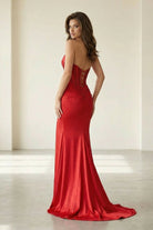 Liorenna | Red - Strapless Mermaid Satin Beaded Long Formal Prom Dresses With Slit - KissProm