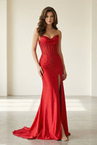 Liorenna | Red - Strapless Mermaid Satin Beaded Long Formal Prom Dresses With Slit - KissProm