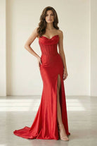 Liorenna | Red - Strapless Mermaid Satin Beaded Long Formal Prom Dresses With Slit - KissProm