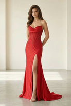 Liorenna | Red - Strapless Mermaid Satin Beaded Long Formal Prom Dresses With Slit - KissProm