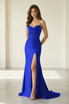 Liorenna | Royal Blue - Strapless Mermaid Satin Beaded Long Formal Prom Dresses With Slit-KissProm