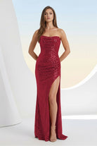 Liorina | Burgundy - Strapless Mermaid Sequins Pleated Formal Prom Dresses With Slit - KissProm