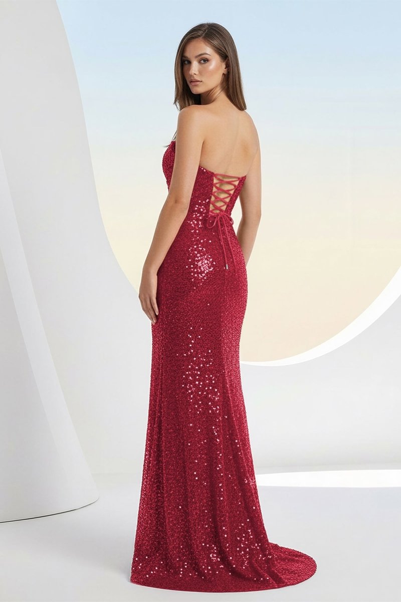 Liorina | Burgundy - Strapless Mermaid Sequins Pleated Formal Prom Dresses With Slit - KissProm
