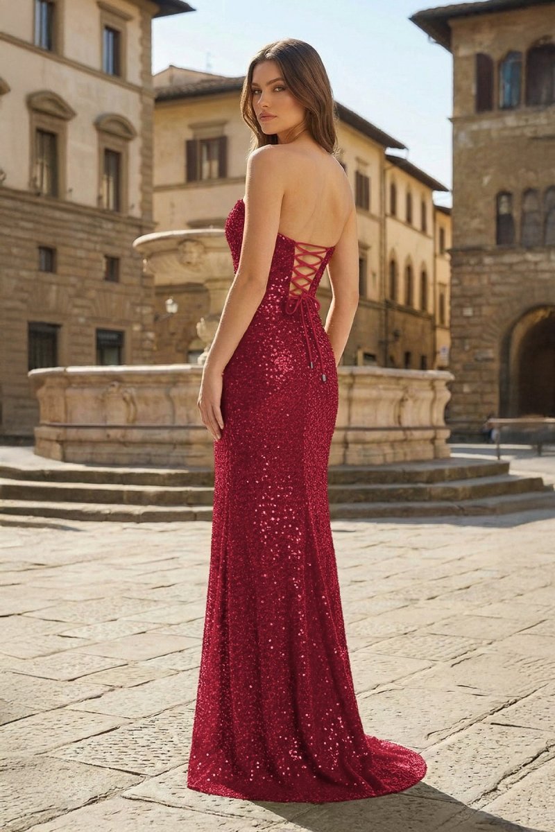 KissProm Red Strapless Mermaid Sequins Pleated Formal Prom Dresses With Slit, Burgundy / 8