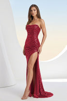 Liorina | Burgundy - Strapless Mermaid Sequins Pleated Formal Prom Dresses With Slit - KissProm