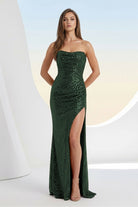 Liorina | Dark Green - Strapless Mermaid Sequins Pleated Formal Prom Dresses With Slit - KissProm