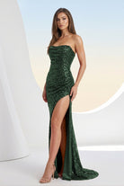 Liorina | Dark Green - Strapless Mermaid Sequins Pleated Formal Prom Dresses With Slit - KissProm
