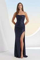 Liorina | Navy Blue - Strapless Mermaid Sequins Pleated Formal Prom Dresses With Slit - KissProm