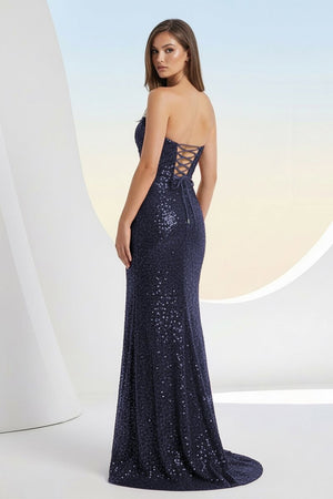Liorina | Navy Blue - Strapless Mermaid Sequins Pleated Formal Prom Dresses With Slit - KissProm