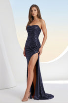 Liorina | Navy Blue - Strapless Mermaid Sequins Pleated Formal Prom Dresses With Slit - KissProm