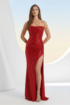Liorina | Red - Strapless Mermaid Sequins Pleated Formal Prom Dresses With Slit - KissProm