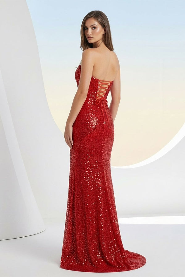 Liorina | Red - Strapless Mermaid Sequins Pleated Formal Prom Dresses With Slit - KissProm