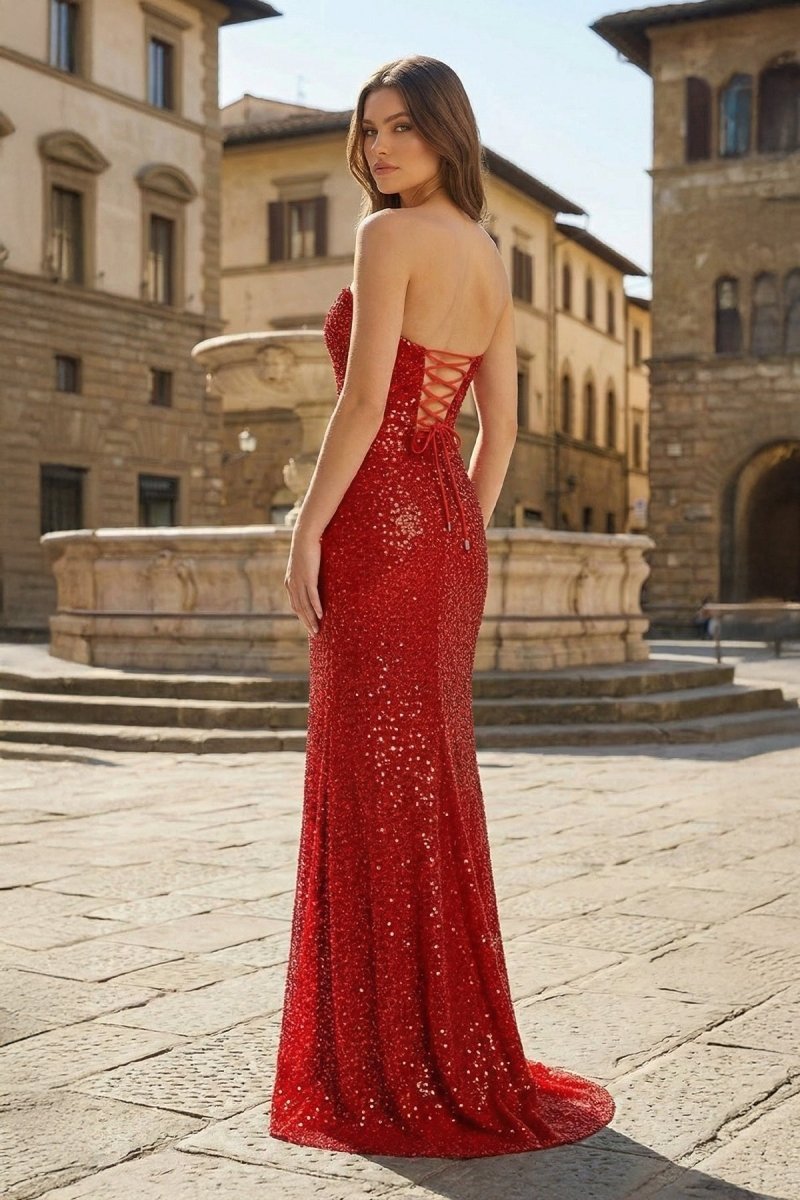 KissProm Red Strapless Mermaid Sequins Pleated Formal Prom Dresses With Slit, Burgundy / 8