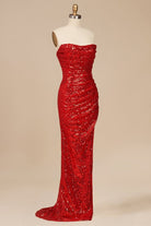 Liorina | Red - Strapless Mermaid Sequins Pleated Formal Prom Dresses With Slit - KissProm