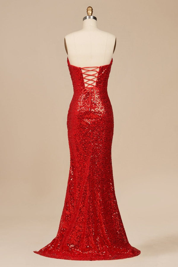 Liorina | Red - Strapless Mermaid Sequins Pleated Formal Prom Dresses With Slit - KissProm