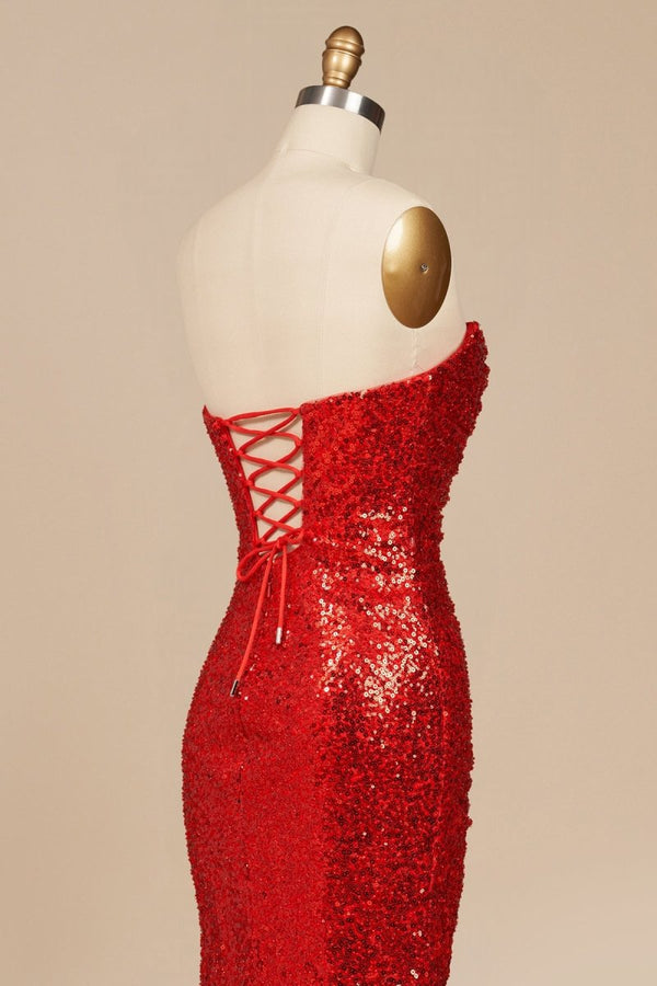 Liorina | Red - Strapless Mermaid Sequins Pleated Formal Prom Dresses With Slit - KissProm