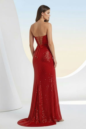 Liorina | Red - Strapless Mermaid Sequins Pleated Formal Prom Dresses With Slit - KissProm