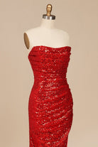 Liorina | Red - Strapless Mermaid Sequins Pleated Formal Prom Dresses With Slit - KissProm