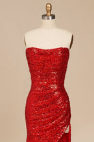 Liorina | Red - Strapless Mermaid Sequins Pleated Formal Prom Dresses With Slit - KissProm
