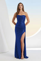 Liorina | Royal Blue - Strapless Mermaid Sequins Pleated Formal Prom Dresses With Slit - KissProm