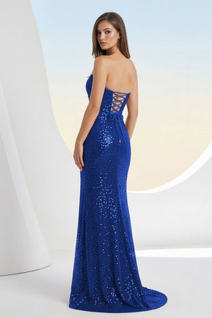 Liorina | Royal Blue - Strapless Mermaid Sequins Pleated Formal Prom Dresses With Slit - KissProm