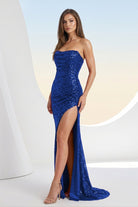 Liorina | Royal Blue - Strapless Mermaid Sequins Pleated Formal Prom Dresses With Slit - KissProm