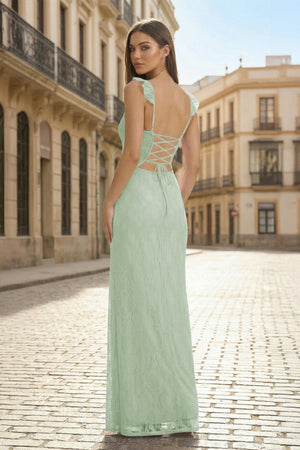 KissProm- Sage sweetheart Sheath Lace Ruffled Formal Prom Dresses With Slit