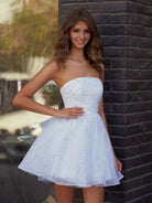 Lirael | White - A Line Strapless Glitter Tulle Ruffled Homecoming Dresses with Bow