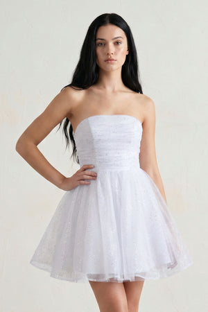 Lirael | White - A Line Strapless Glitter Tulle Ruffled Homecoming Dresses with Bow