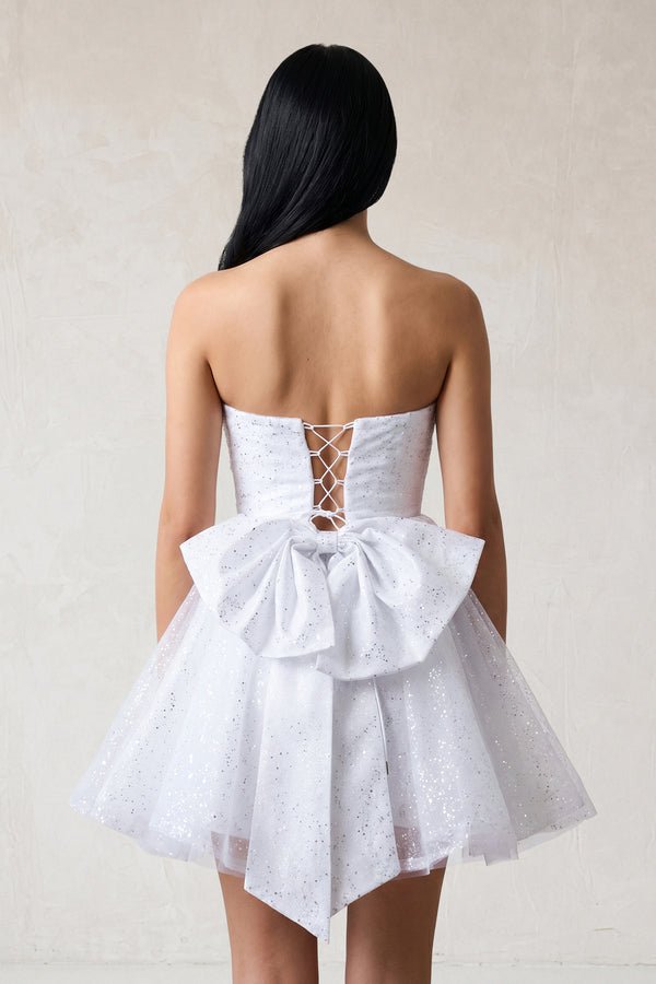 Lirael | White - A Line Strapless Glitter Tulle Ruffled Homecoming Dresses with Bow