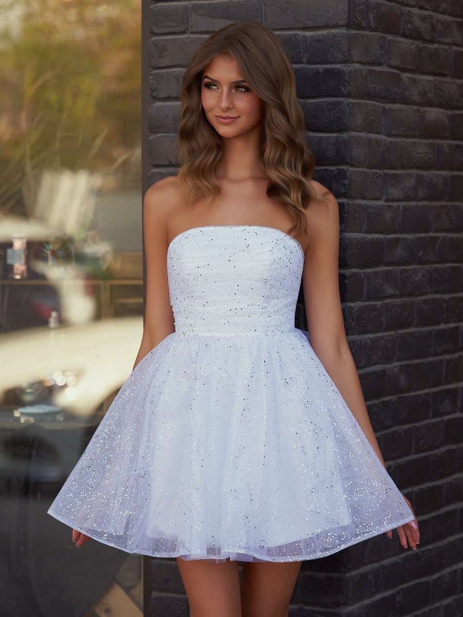 Lirael | White - A Line Strapless Glitter Tulle Ruffled Homecoming Dresses with Bow