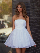 Lirael | White - A Line Strapless Glitter Tulle Ruffled Homecoming Dresses with Bow