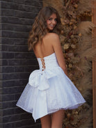 Lirael | White - A Line Strapless Glitter Tulle Ruffled Homecoming Dresses with Bow