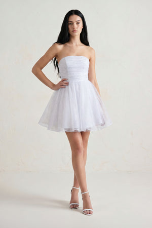 Lirael | White - A Line Strapless Glitter Tulle Ruffled Homecoming Dresses with Bow