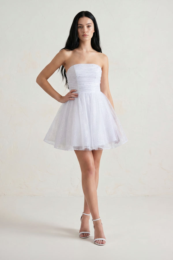Lirael | White - A Line Strapless Glitter Tulle Ruffled Homecoming Dresses with Bow