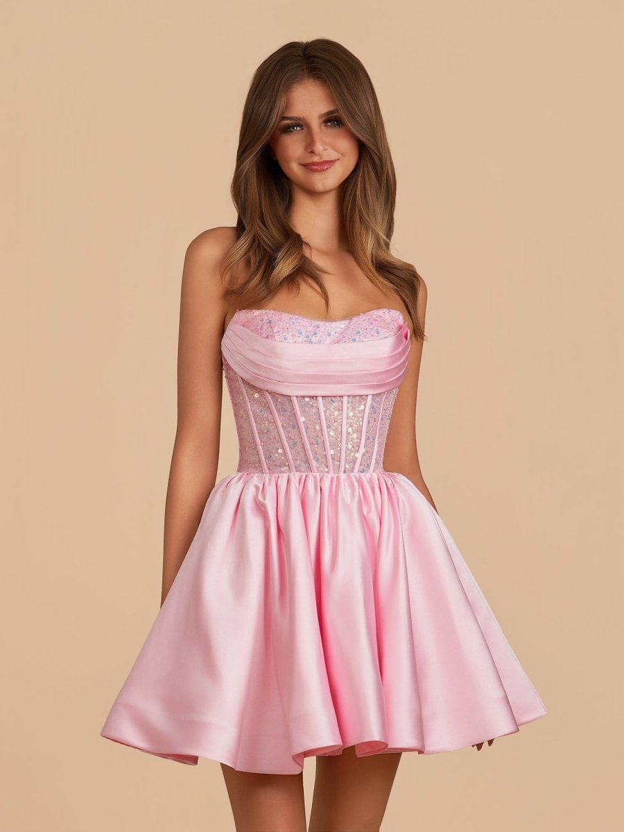 Lirra | Pink - A Line Strapless Satin Corset Short Homecoming Dresses with Sequins - KissProm