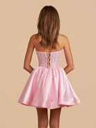 Lirra | Pink - A Line Strapless Satin Corset Short Homecoming Dresses with Sequins - KissProm