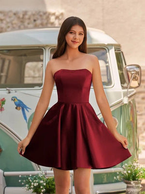 Lisa |A-Line Strapless Satin Homecoming Dress with Pockets