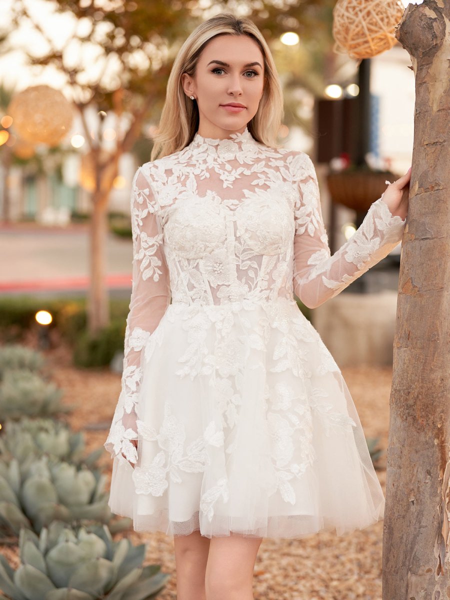 Short White A-Line Illusion Neck Long Sleeves Lace Wedding Dresses Diamond White / 16
