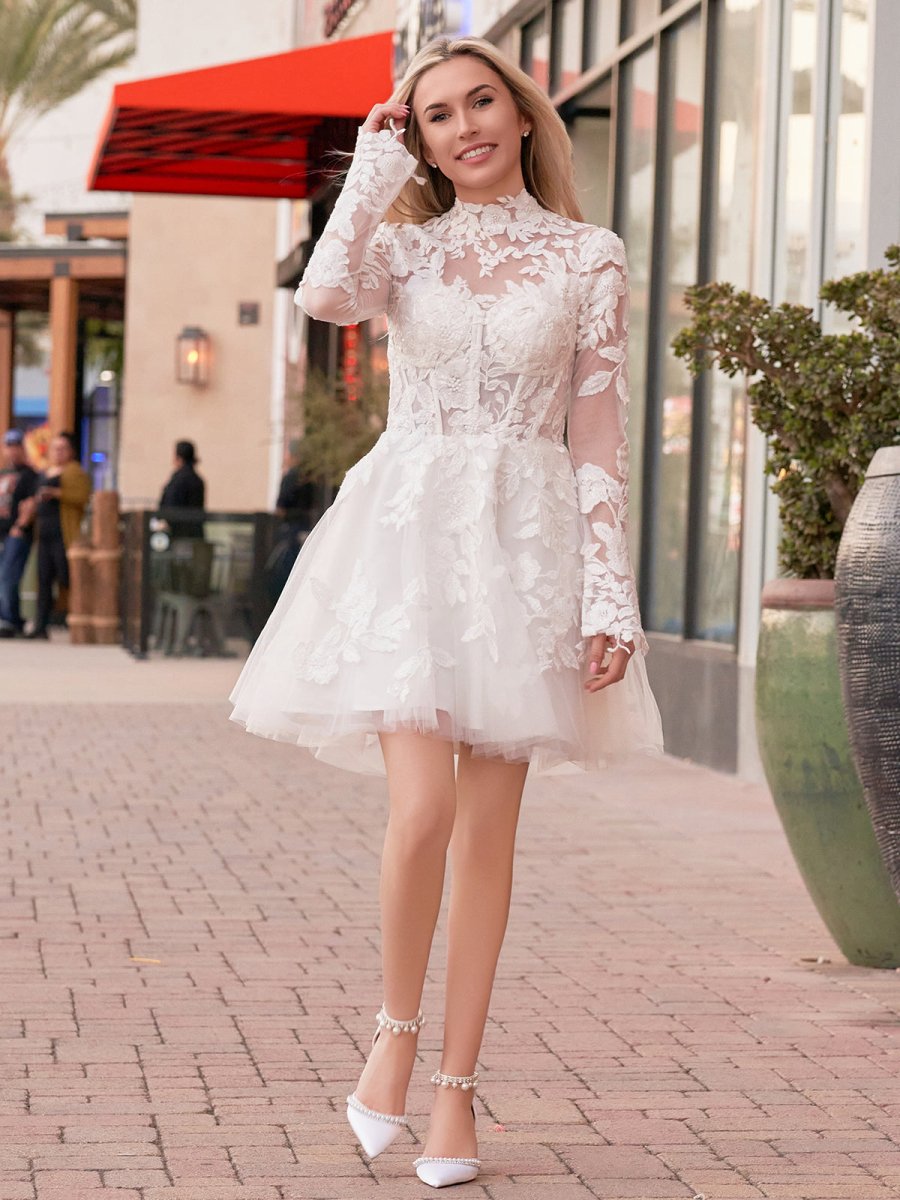 Marilla | Short White A-Line Illusion Neck Long Sleeves Lace Wedding Dresses