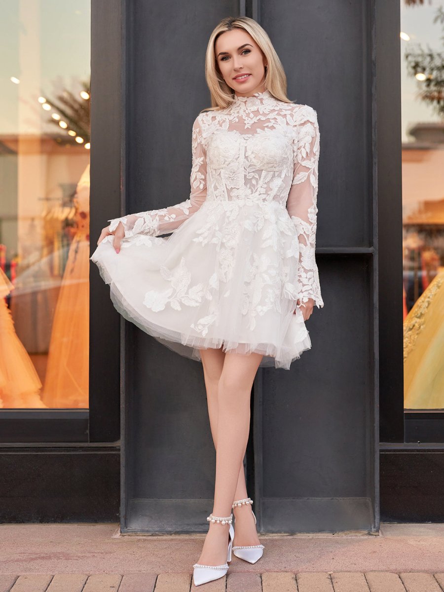 fitted lace wedding dress Short White A-Line Illusion Neck Long Sleeves Lace Wedding Dresses Diamond White / 16 fitted lace wedding dress Short White A-Line Illusion Neck Long Sleeves Lace Wedding Dresses Diamond White / 16
