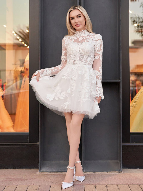 short white long sleeve lace dress White Deep V Long Sleeve Lace Mini Dress