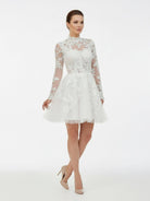 Marilla | Short White A - Line Illusion Neck Long Sleeves Lace Wedding Dresses - KissProm