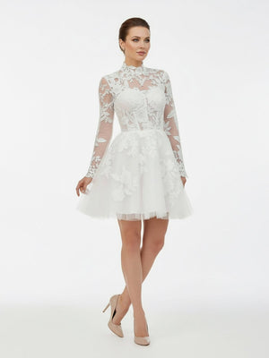 Marilla | Short White A - Line Illusion Neck Long Sleeves Lace Wedding Dresses - KissProm