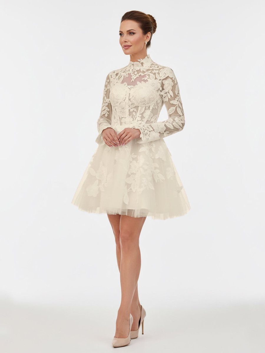 Marilla | Short White A - Line Illusion Neck Long Sleeves Lace Wedding Dresses - KissProm