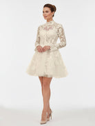 Marilla | Short White A - Line Illusion Neck Long Sleeves Lace Wedding Dresses - KissProm