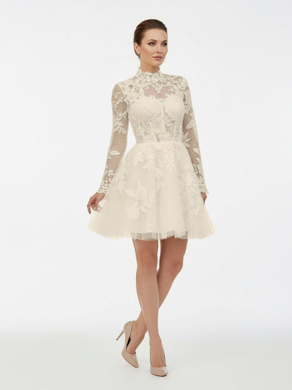little white lace dress Short White A-Line Illusion Neck Long Sleeves Lace Wedding Dresses, Champagne / 8