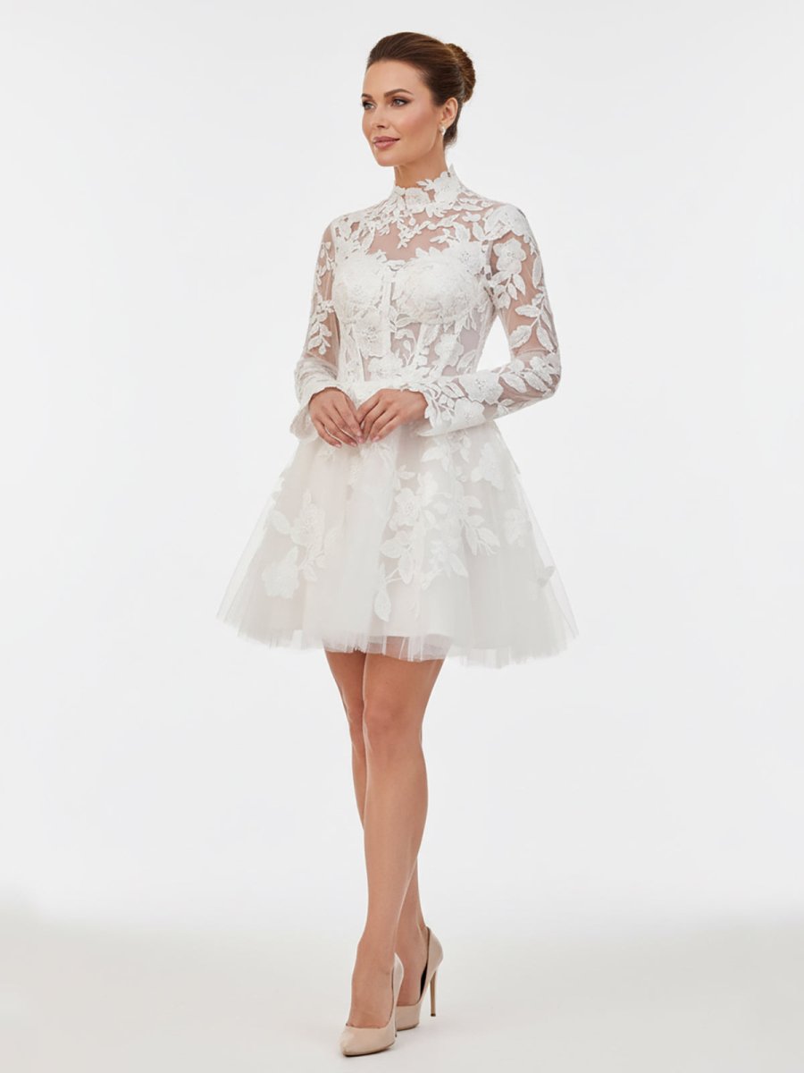 Marilla | Short White A - Line Illusion Neck Long Sleeves Lace Wedding Dresses - KissProm