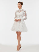Marilla | Short White A - Line Illusion Neck Long Sleeves Lace Wedding Dresses - KissProm